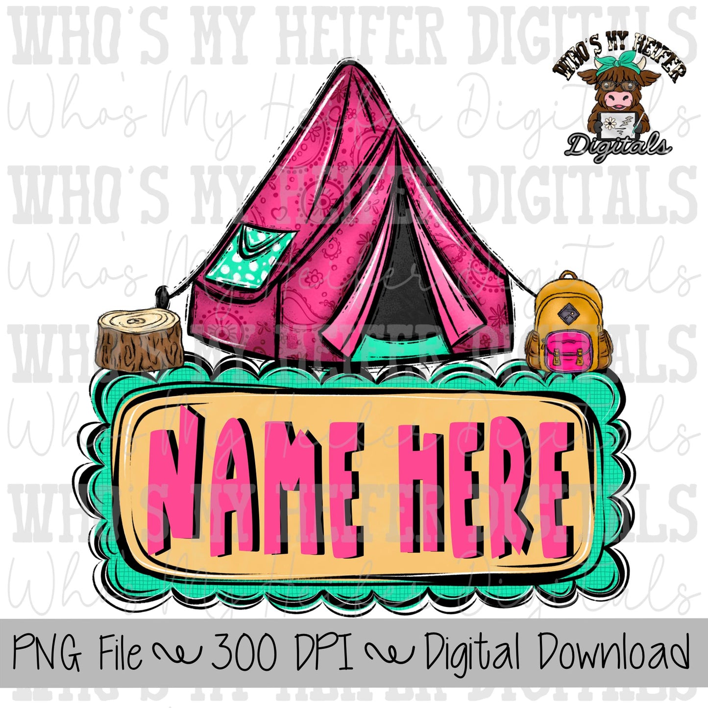 Whimsical Camping Tent Trio with Name Patch PNG File Hand Drawn Tent & Hiking Backpack Clipart Kids Camping Sublimation Shirt Designs