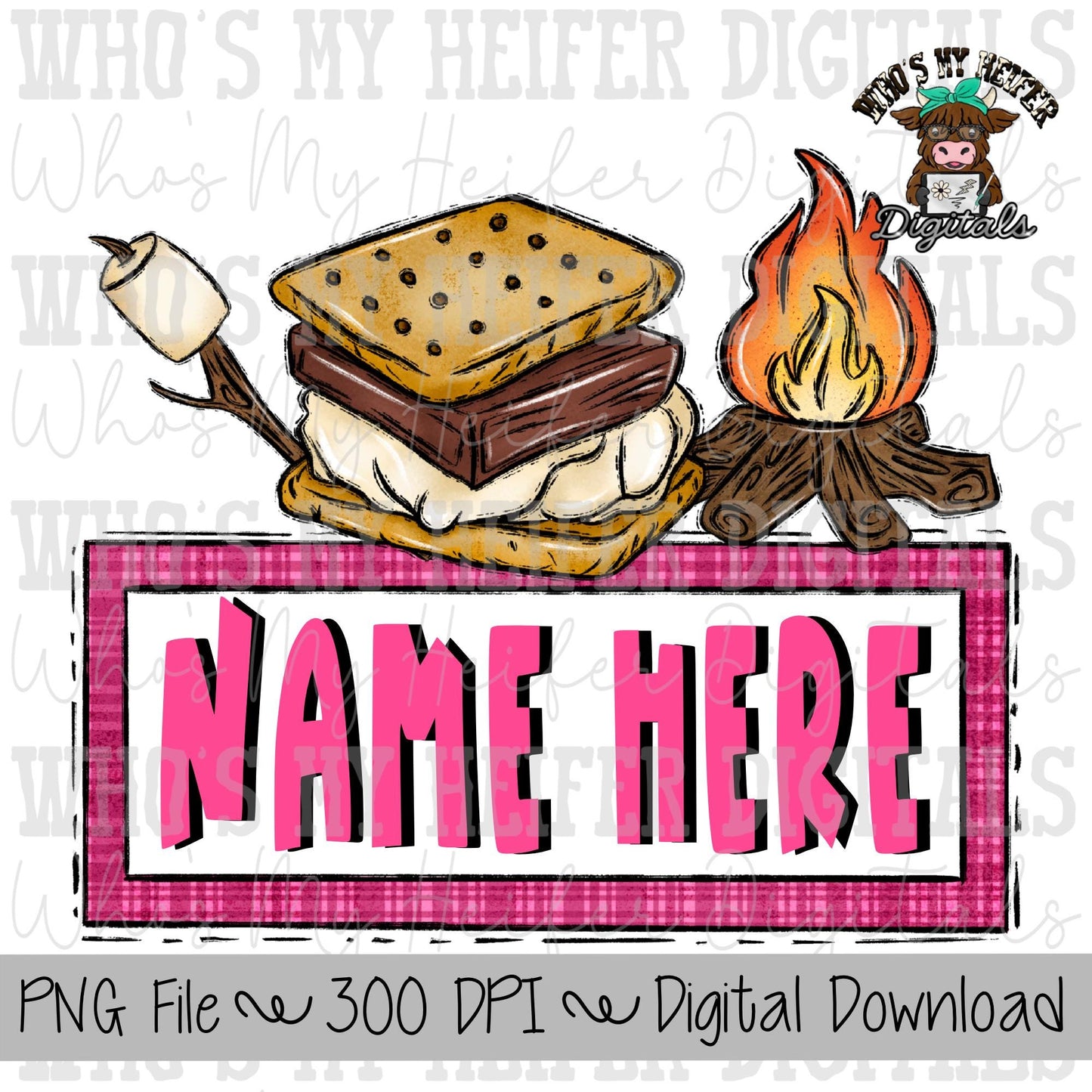 S'more Trio with Name Patch PNG File Hand Drawn Campfire & Marshmallow Clipart Kids Camping Sublimation Shirt Design Digital Download