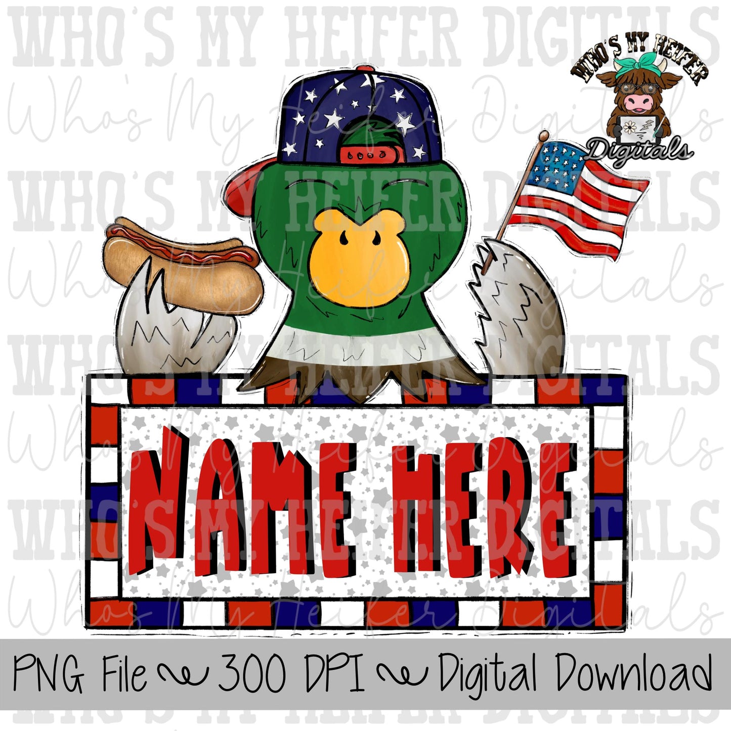 4th of July Mallard with Name Block Sublimation PNG Hand Drawn Duck with Hat, Flag, & Hotdog PNG File Boy America Shirt Design Duck Doodle