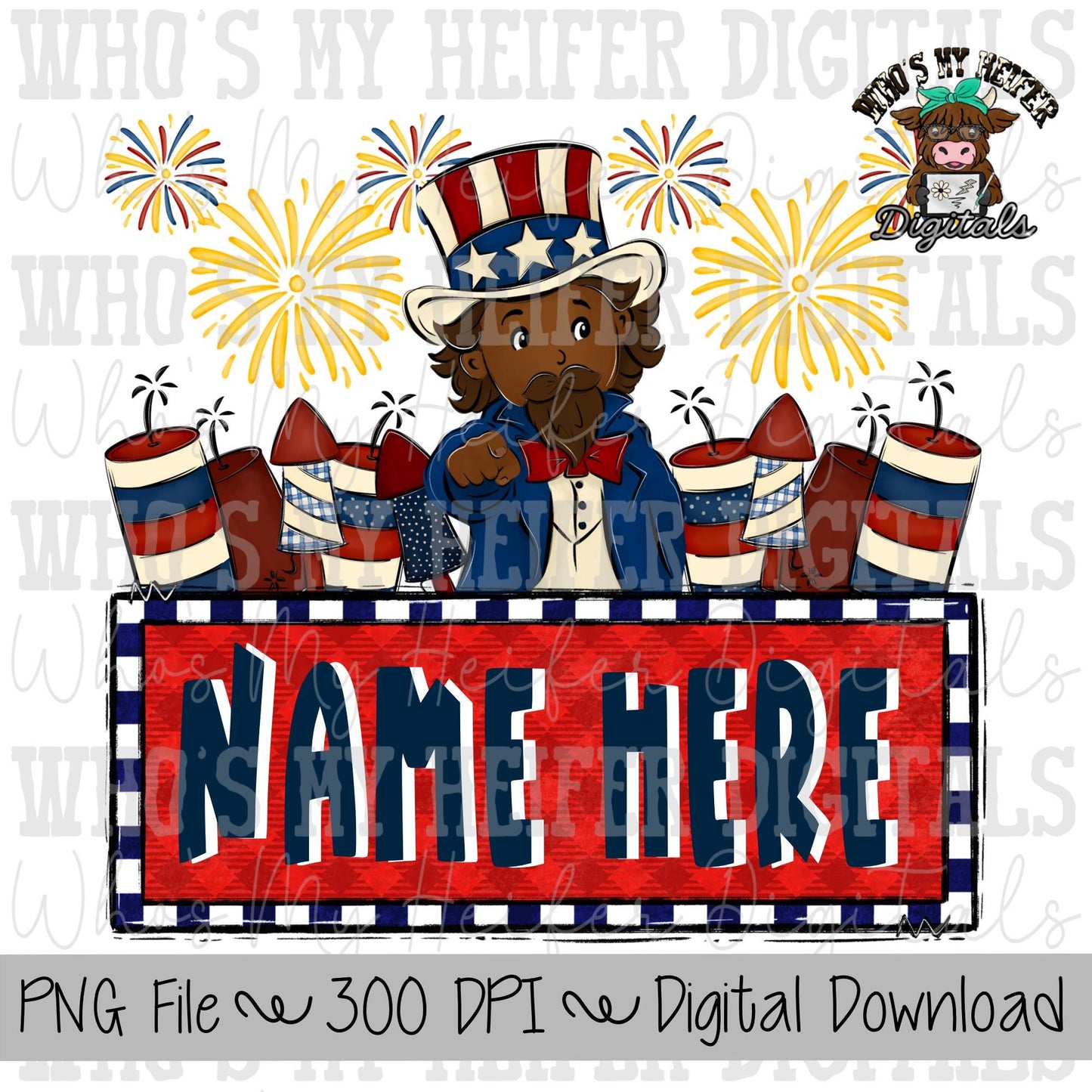 Uncle Sam with Name Block Sublimation PNG Hand Drawn Boy with Hat, & Fireworks PNG File Boy America Shirt Design