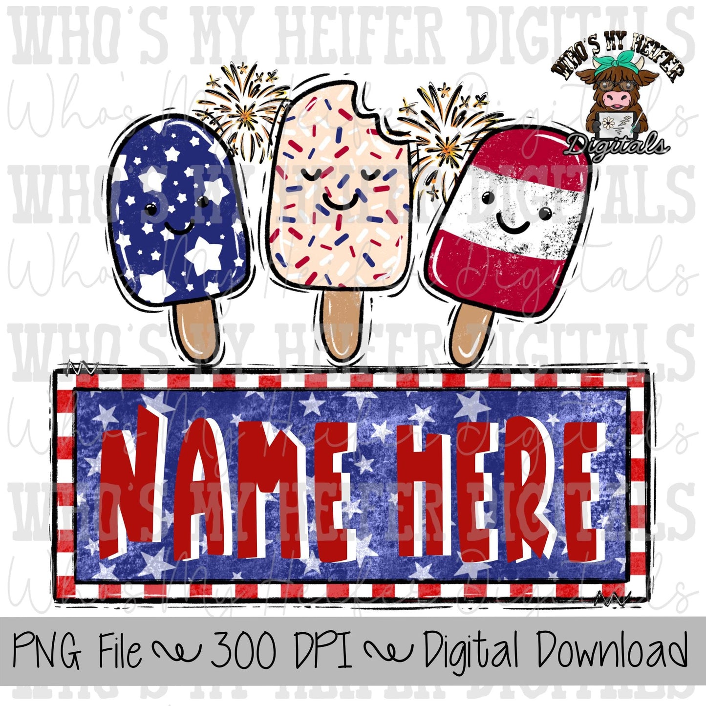 Whimsical Patriotic Popsicles with Name Block Sublimation PNG Hand Drawn Ice Cream with Fireworks PNG File Kids July 4th Shirt Design Doodle