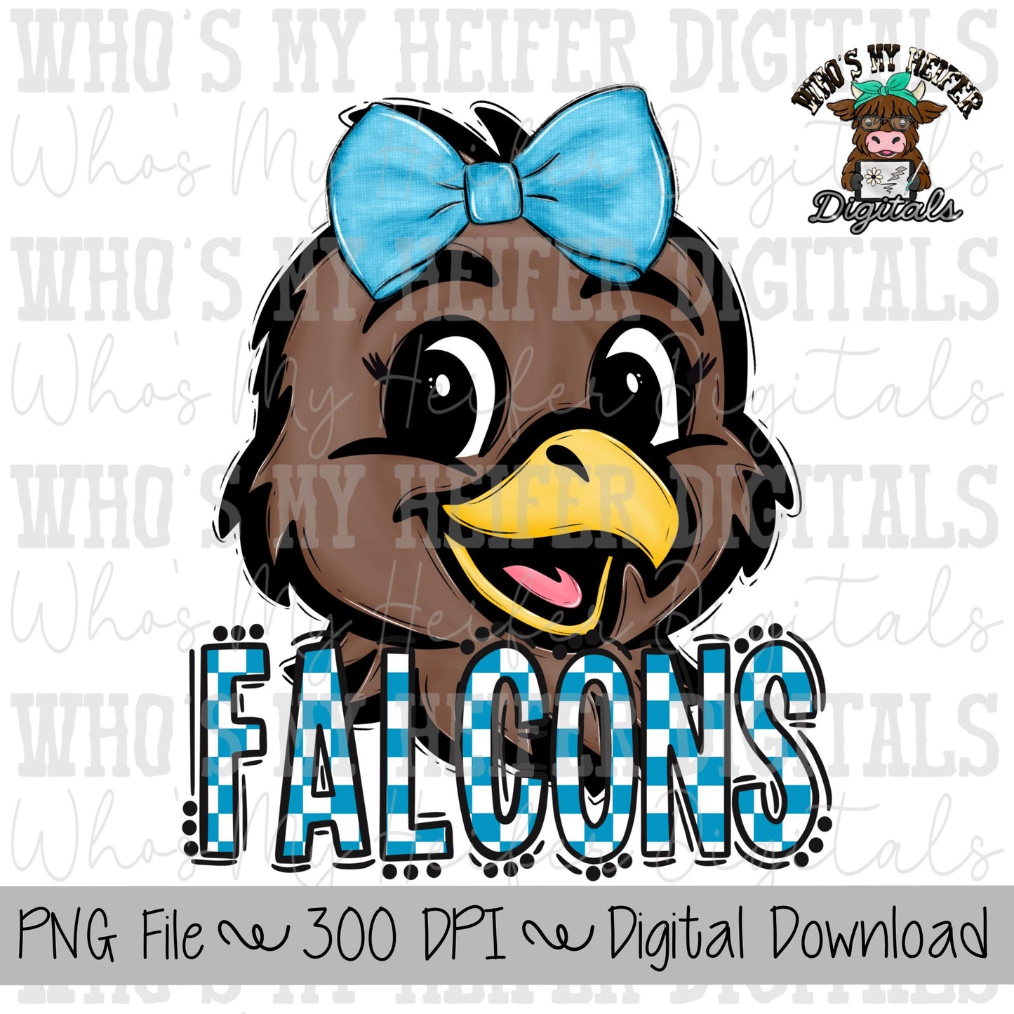Light Blue & White Falcons PNG Hand Drawn Falcon with Bow Sublimation PNG Game Day Shirt Design School Spirit PNG Checkered Falcon Doodle