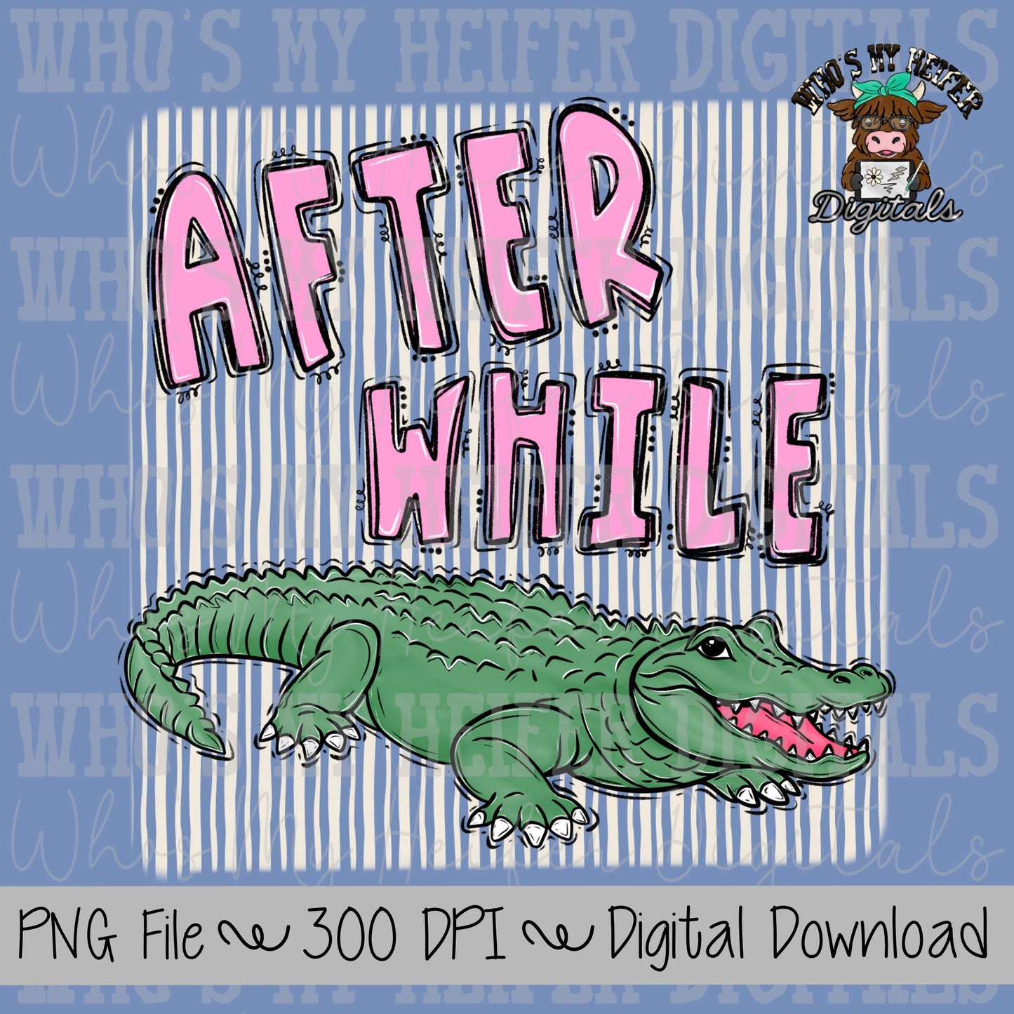 After While Crocodile PNG Hand Drawn Trendy Girly Doodle Kid Shirt Design Preppy Everyday Digital Design Summer Coastal Watercolor Stripe