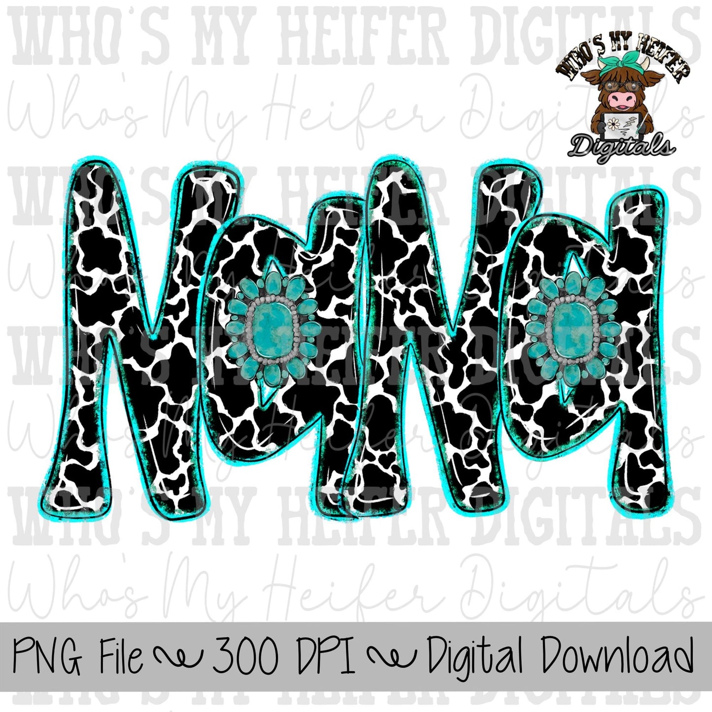Cow Print Mimi PNG Hand Drawn Cowhide Mimi with Turquoise Sublimation PNG Mother's Day Shirt Design Cute Western Grandma Doodle Art