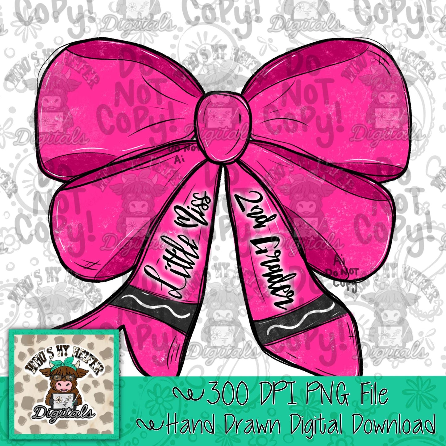 Little Miss 2nd Grade Crayon Bow Sublimation PNG