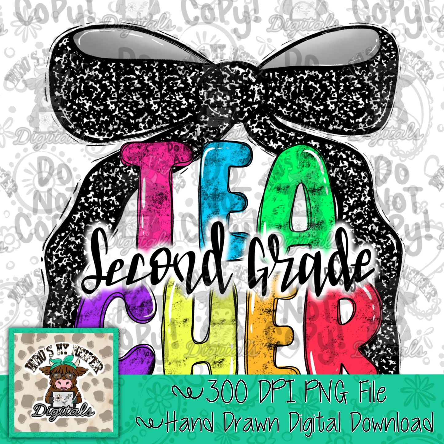 Second Grade Teacher with Bow PNG Preppy Notebook Coquette Occupation Sublimation File Elementary Teach Digital Download Neon Bright Colors