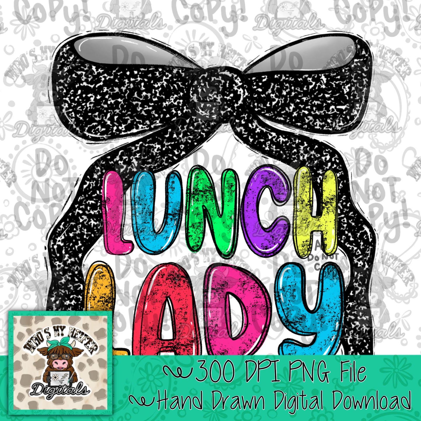Lunch Lady with Bow PNG Preppy Notebook Coquette Occupation Sublimation File Elementary School Staff Digital Download Neon Bright Colors