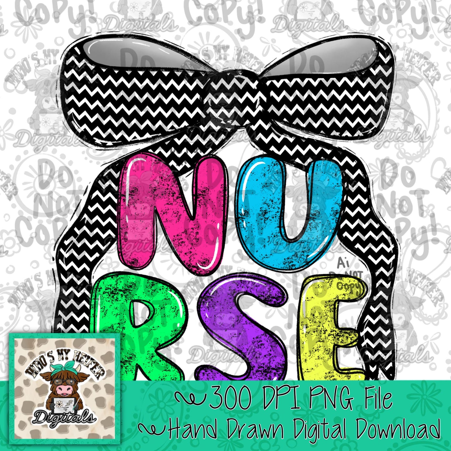 Nurse with Bow PNG Preppy Chevron Coquette Occupation Sublimation File School Staff Digital Download Neon Bright Colors Registered Nurse