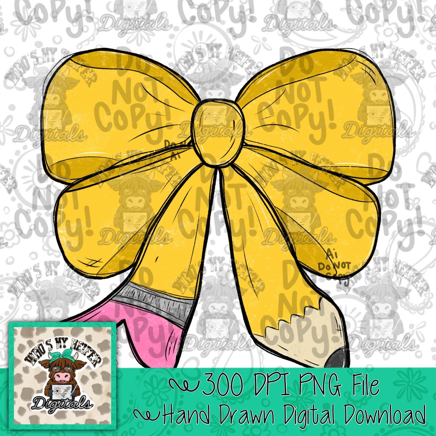 Girly Bow Pencil PNG Hand Drawn Pencil Doodle Sublimation File Coquette Back to School PNG Preppy First day of School Digital Art dtf dtg