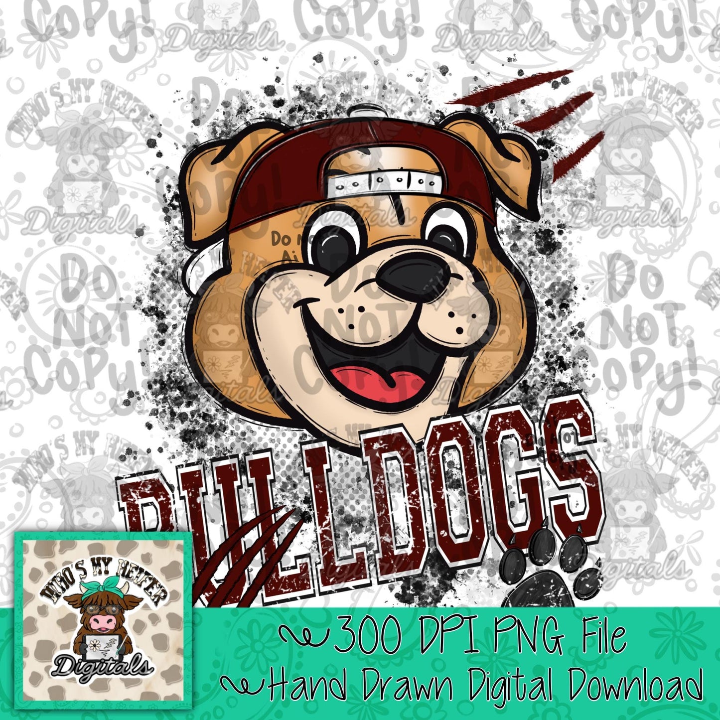 Maroon & White Bulldogs PNG Hand Drawn Bulldog with Hat Sublimation File Game Day Shirt Design School Spirit PNG Retro Kid Mascot Doodle Art