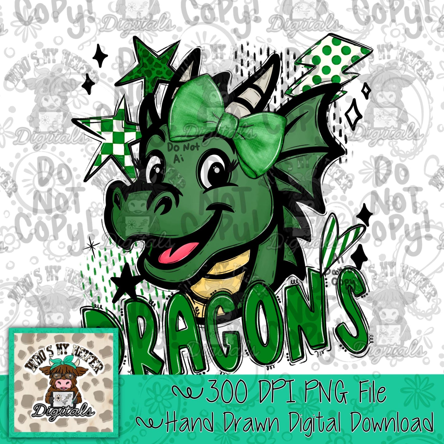 Green & White Dragons PNG Hand Drawn Dragon with Bow Sublimation PNG Game Day Shirt Designs School Spirit PNG Retro Kid Mascot Doodle Art