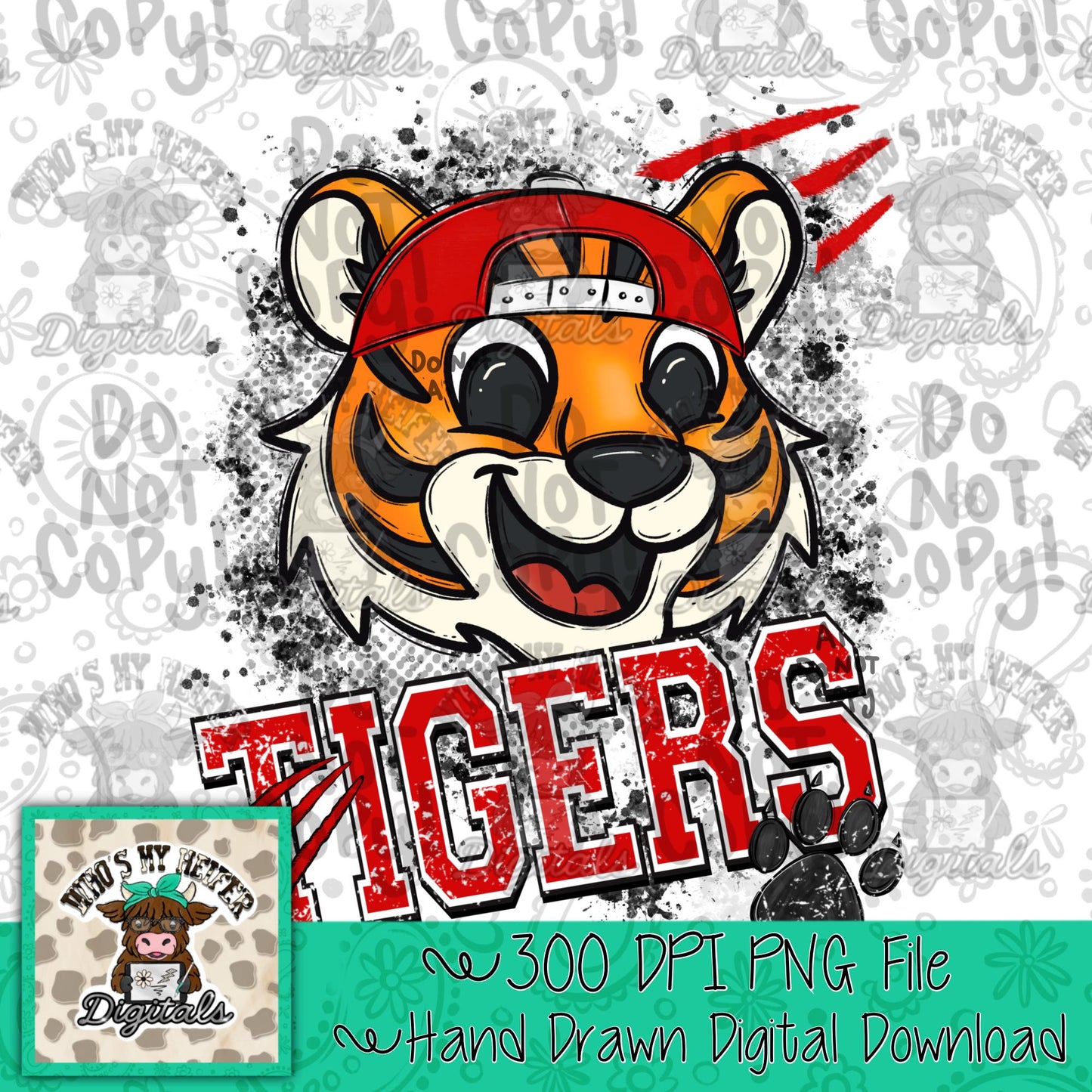 Red & White Tiger PNG Hand Drawn Tiger with Hat Sublimation PNG Game Day Shirt Designs School Spirit PNG Retro Kid Mascot Digital Download