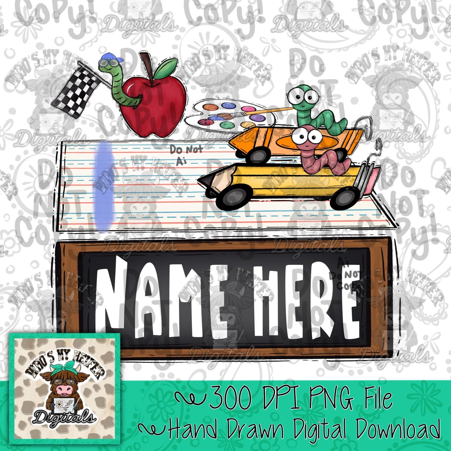 Bookworm Racers Back to School PNG Hand Drawn Boy School with Name Block Sublimation png Beginning of School First day of School Digital