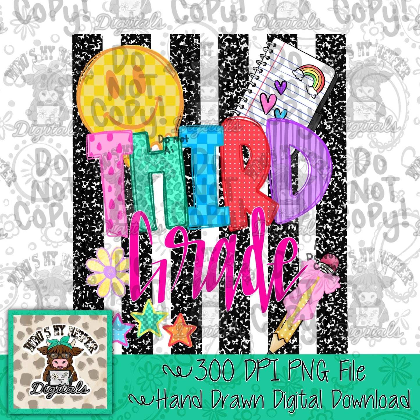 Girl Third Grade PNG Preppy Notebook Stripes Back to School Sublimation File Trendy First day of School Digital Art Elementary Grade Level
