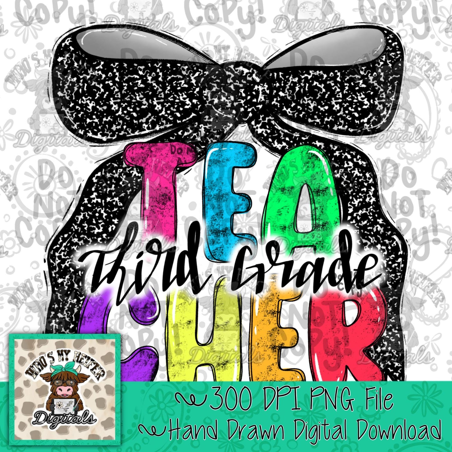 Third Grade Teacher with Bow PNG Preppy Notebook Coquette Occupation Sublimation File Elementary Teach Digital Download Neon Bright Colors