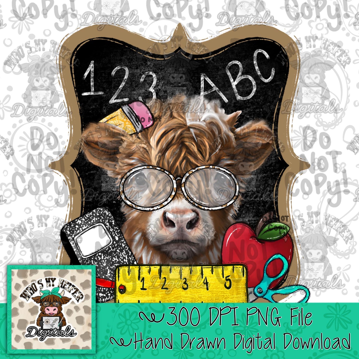Highland Cow Teacher PNG Hand Drawn Teacher Cow with School Supplies and Apple Sublimation File School Teach Digital Download Doodle art