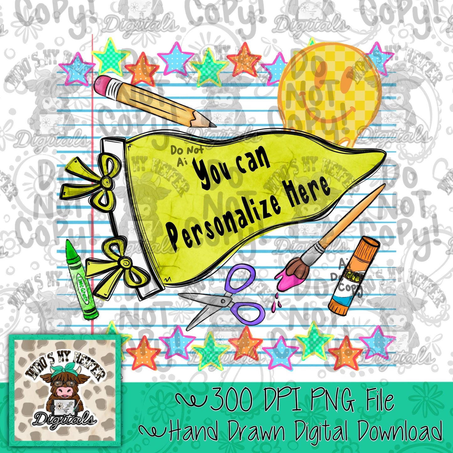 Blank Yellow Pennant PNG Hand Drawn Girly Back to School Sublimation File Trendy Teacher Shirt Design Student Teacher Digital Download