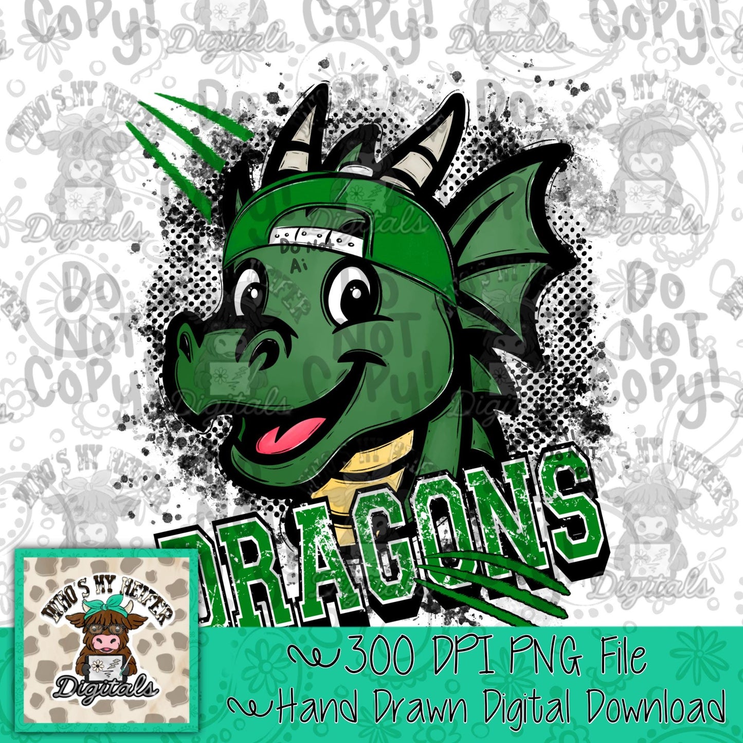Green & White Dragons PNG Hand Drawn Dragon with Hat Sublimation PNG Game Day Shirt Designs School Spirit PNG Retro Kid Mascot Doodle Art