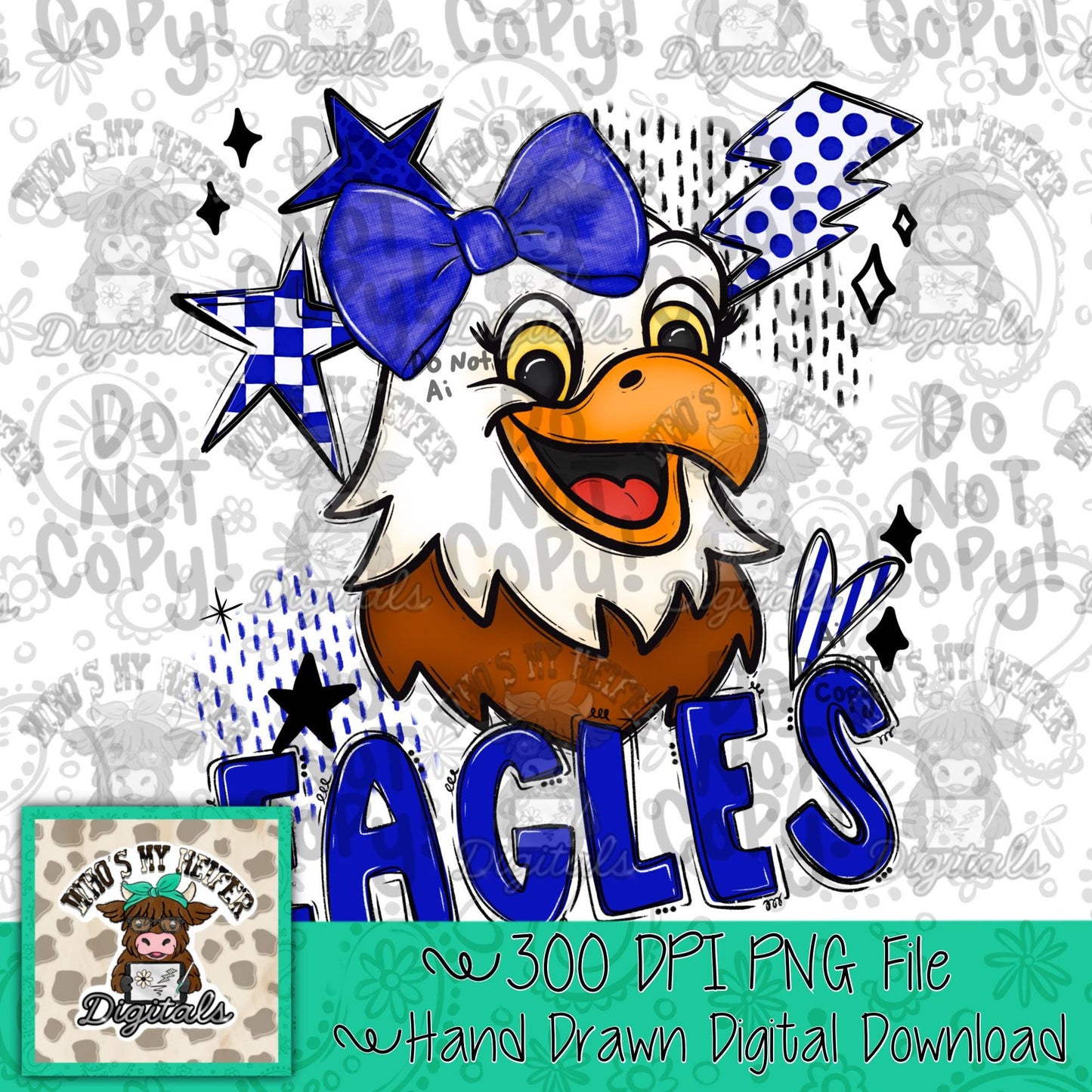 Blue & White Eagles PNG Hand Drawn Eagle with Bow Sublimation PNG Game Day Shirt Design School Spirit PNG Retro Kid Mascot Doodle Art
