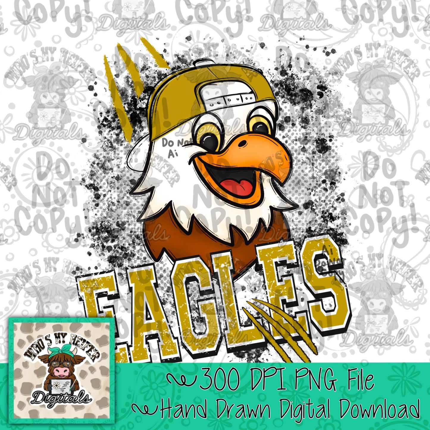 Gold & White Eagles PNG Hand Drawn Eagle with Hat Sublimation PNG Game Day Shirt Design School Spirit PNG Retro Kid Mascot Doodle Art
