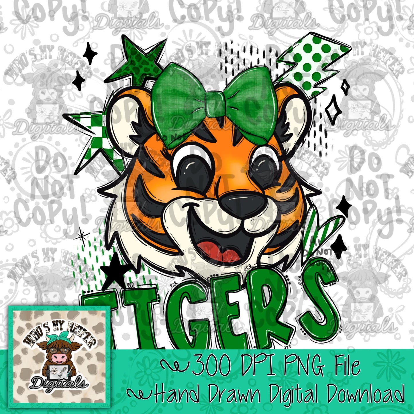Green & White Tiger PNG Hand Drawn Tiger with Bow Sublimation PNG Game Day Shirt Designs School Spirit PNG Checkered Tiger Digital Download
