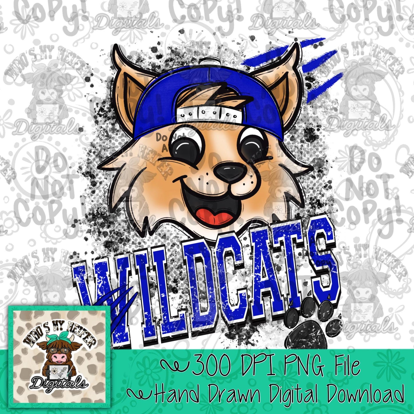 Blue & White Wildcat PNG Hand Drawn Wildcat with Hat Sublimation PNG Game Day Shirt Design School Spirit PNG Retro Kid Mascot Doodle Art