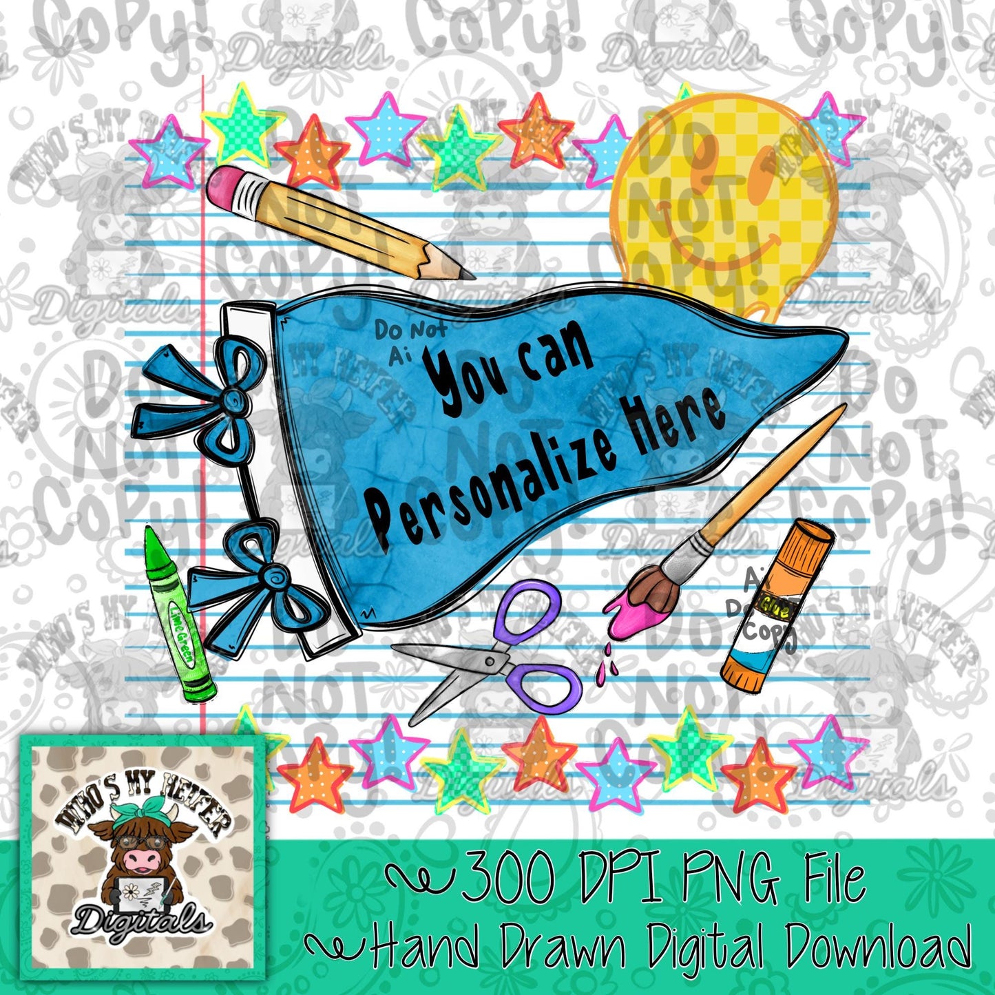 Blank Blue Pennant PNG Hand Drawn Girly Back to School Sublimation File Trendy Teacher Shirt Design Student Teacher Digital Download