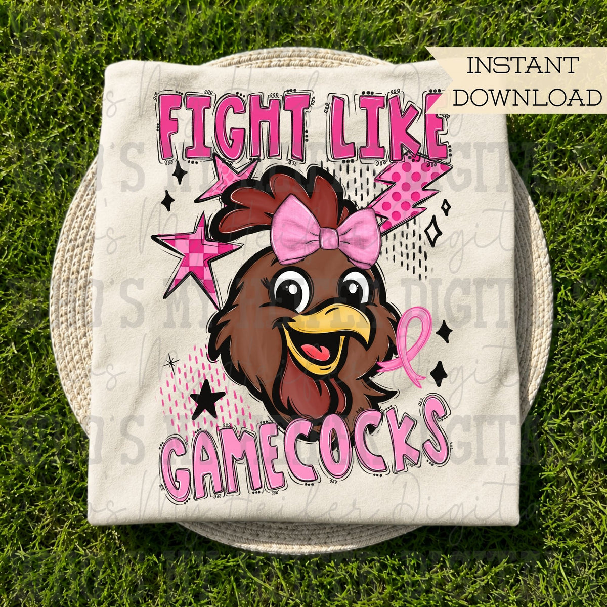 Retro Fight Like Gamecock PNG Hand Drawn Distressed Rooster & Pink Bow Sublimation File Breast Cancer Shirt Design Girly School Spirit Mascot
