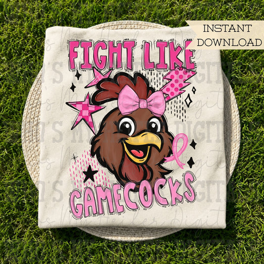 Retro Fight Like Gamecock PNG Hand Drawn Distressed Rooster & Pink Bow Sublimation File Breast Cancer Shirt Design Girly School Spirit Mascot