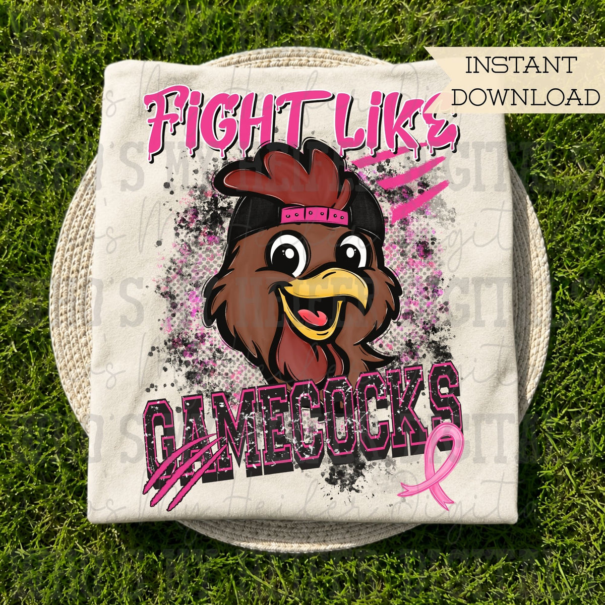 Retro Fight Like Gamecock PNG Hand Drawn Distressed Rooster & Pink Hat Sublimation File Breast Cancer Shirt Design School Spirit Mascot