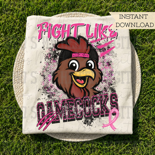Retro Fight Like Gamecock PNG Hand Drawn Distressed Rooster & Pink Hat Sublimation File Breast Cancer Shirt Design School Spirit Mascot