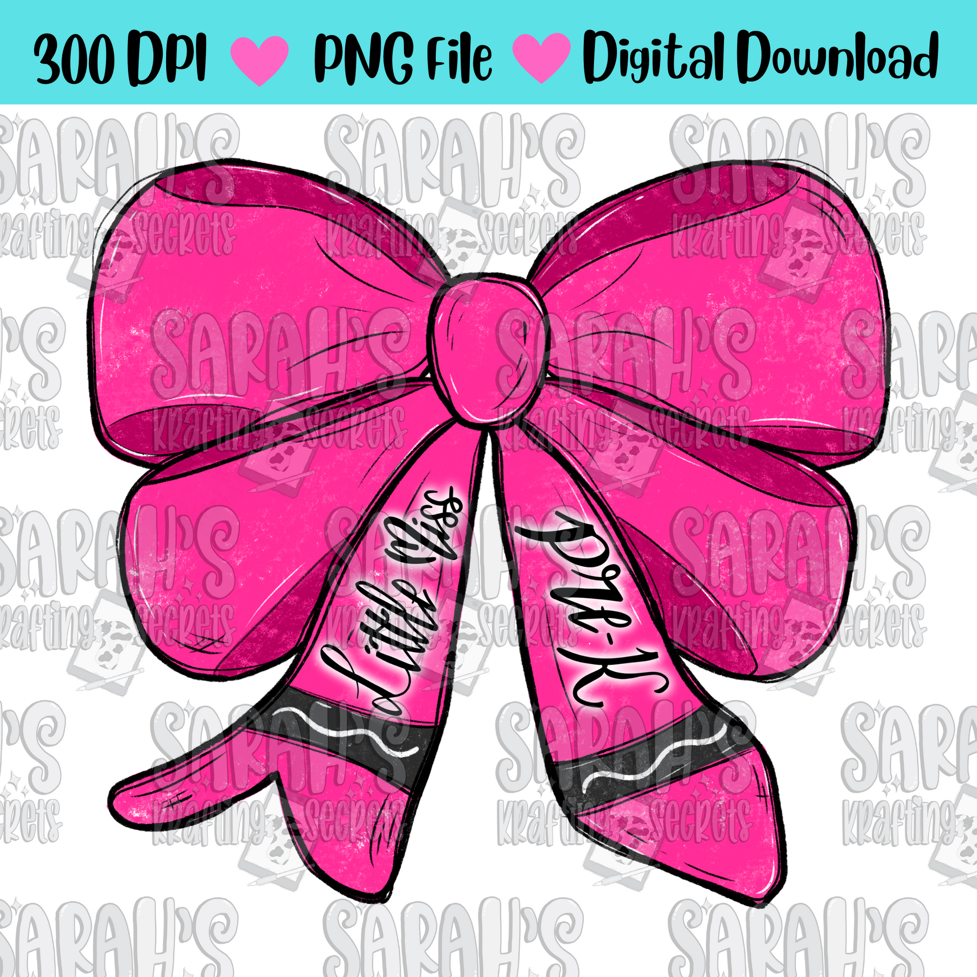 Crayon Bow Sublimation PNG / Hand Drawn Digital Download Little Miss Pre K School Girl Printable Art / Back to School Sublimation File