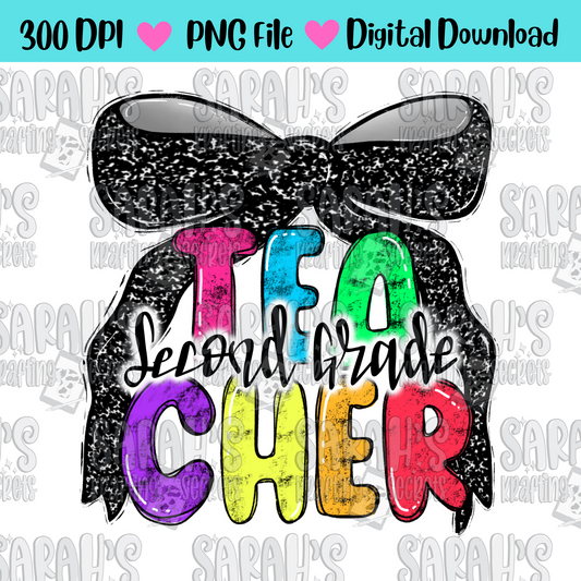 Coquette Bow 2nd grade teacher in bright colors and hand written lettering sublimation png file