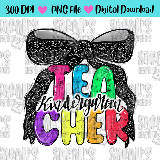 Coquette Bow Kindergarten teacher in bright colors and hand written lettering sublimation png file