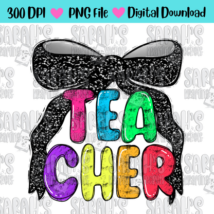 Coquette Bow teacher in bright colors and handwritten lettering sublimation png file