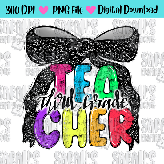 Coquette Bow 3rd grade teacher in bright colors and hand written lettering sublimation png file