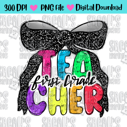 Coquette Bow 1st grade teacher in bright colors and hand written lettering sublimation png file