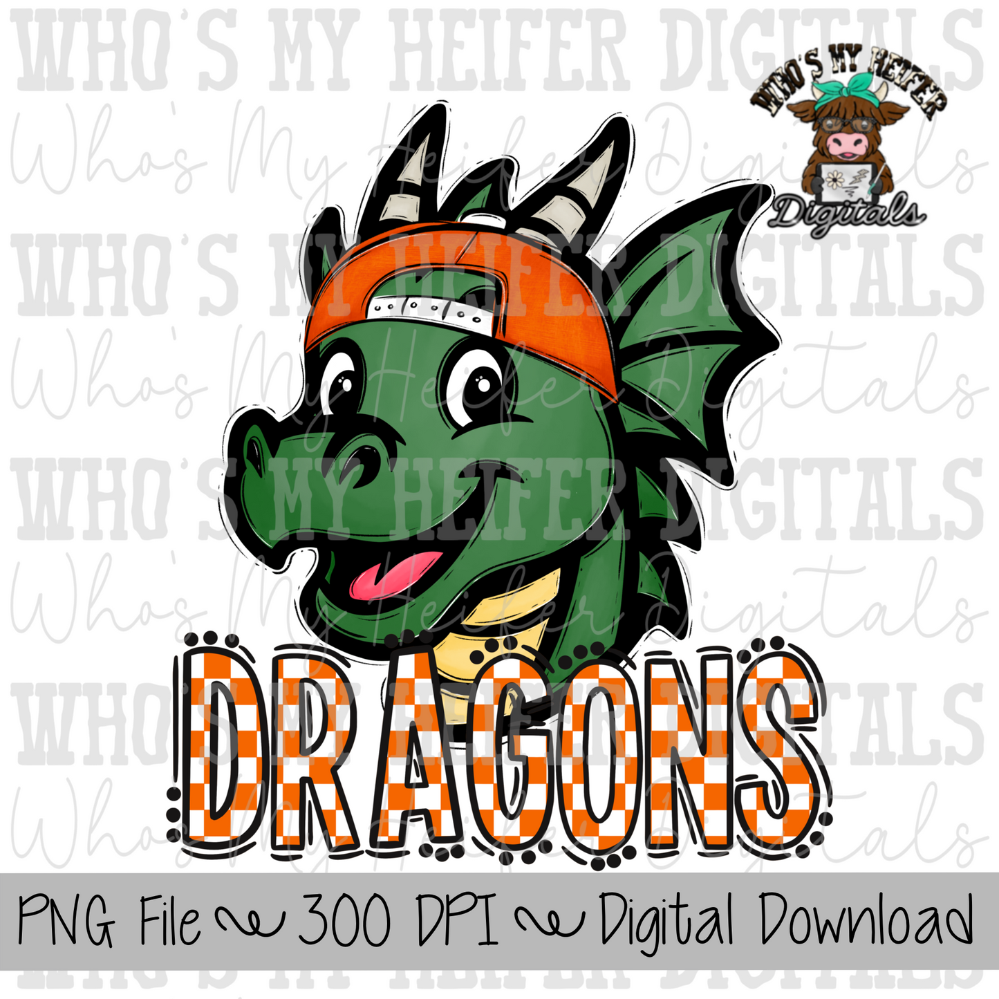 Orange & White Dragons PNG Hand Drawn Dragon with Hat Sublimation PNG Game Day Shirt Designs School Spirit PNG Checkered Dragon Doodle Art