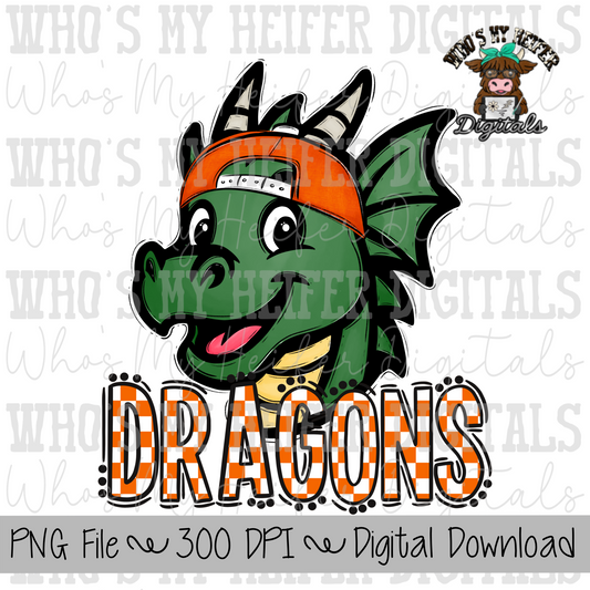 Orange & White Dragons PNG Hand Drawn Dragon with Hat Sublimation PNG Game Day Shirt Designs School Spirit PNG Checkered Dragon Doodle Art