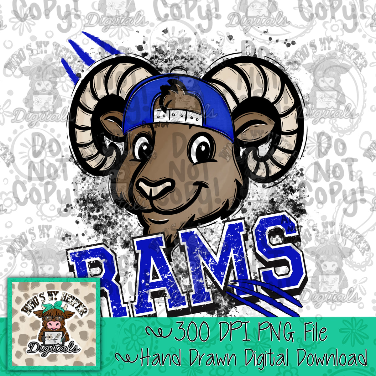 Blue & White Rams PNG Hand Drawn Ram with Hat Sublimation PNG Game Day Shirt Designs School Spirit PNG Retro Kid Mascot Digital Download