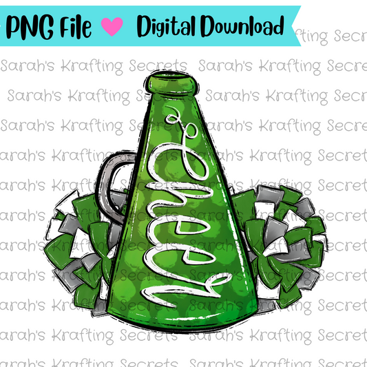 Green and White Cheer Megaphone and pompom sublimation design