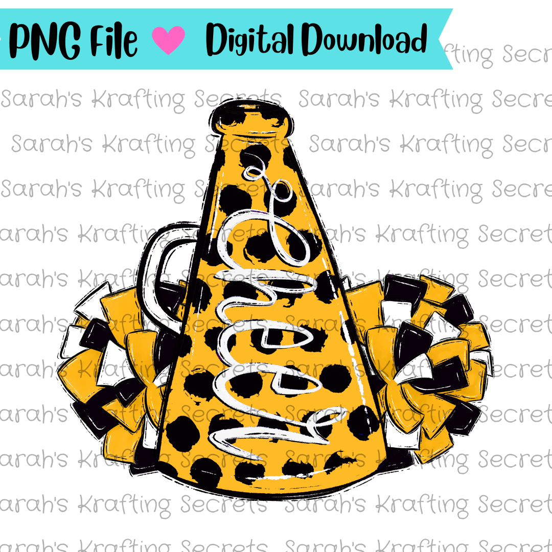 Gold and Black Cheer Megaphone and pompom sublimation  design 