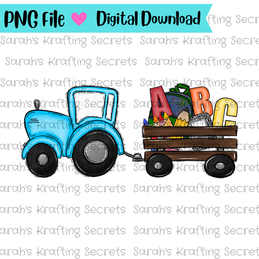 Blue Tractor hauling school supplies sublimation design
