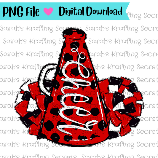 Red and Black cheer megaphone and pompom sublimation design