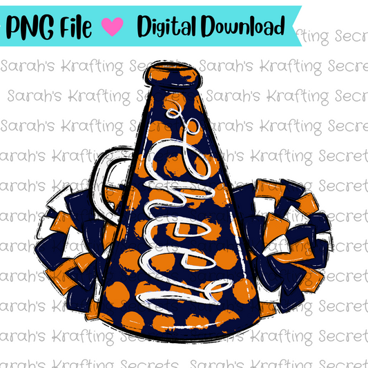 Orange and Navy cheer megaphone and pompom sublimation design