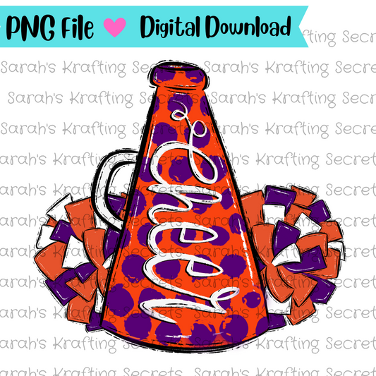 Orange and purple cheer megaphone and pompom sublimation design