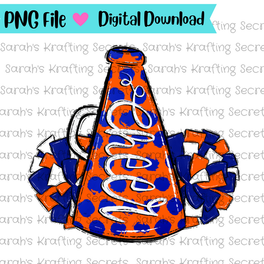 orange and blue Cheer Megaphone and pompom sublimation design 