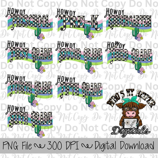 Howdy Grade Bundle PNG Hand Drawn Grade Bundle Sublimation Design Western Back to School PNG Western Retro First day of School Shirt Designs