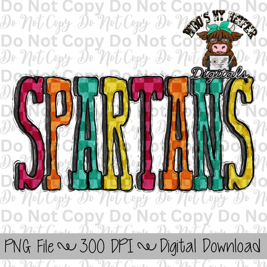 Spartans PNG Hand Drawn Spartan Sublimation Design Sports Team Spirit Shirt Designs School Spirit PNG File Checkerboard Retro Mascot Name