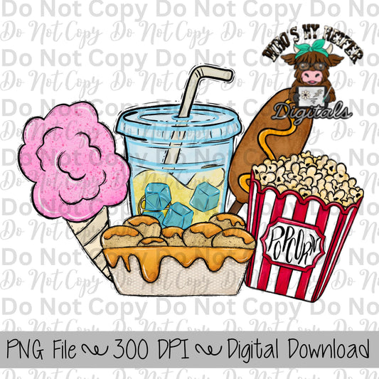 Carnival Snacks Sublimation Design Hand Drawn Fair Food PNG Kids Fair Sublimation Shirt Design State Fair PNG File Pink Cotton Candy Clipart